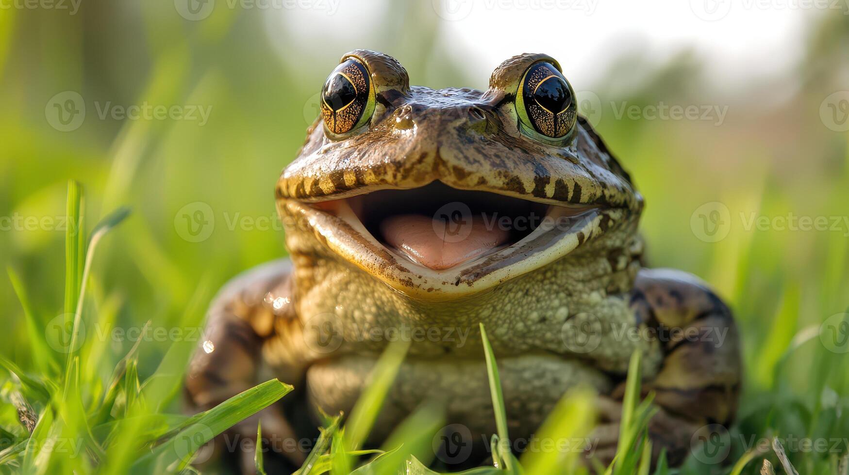 A frog sitting in the grass with its mouth open photo