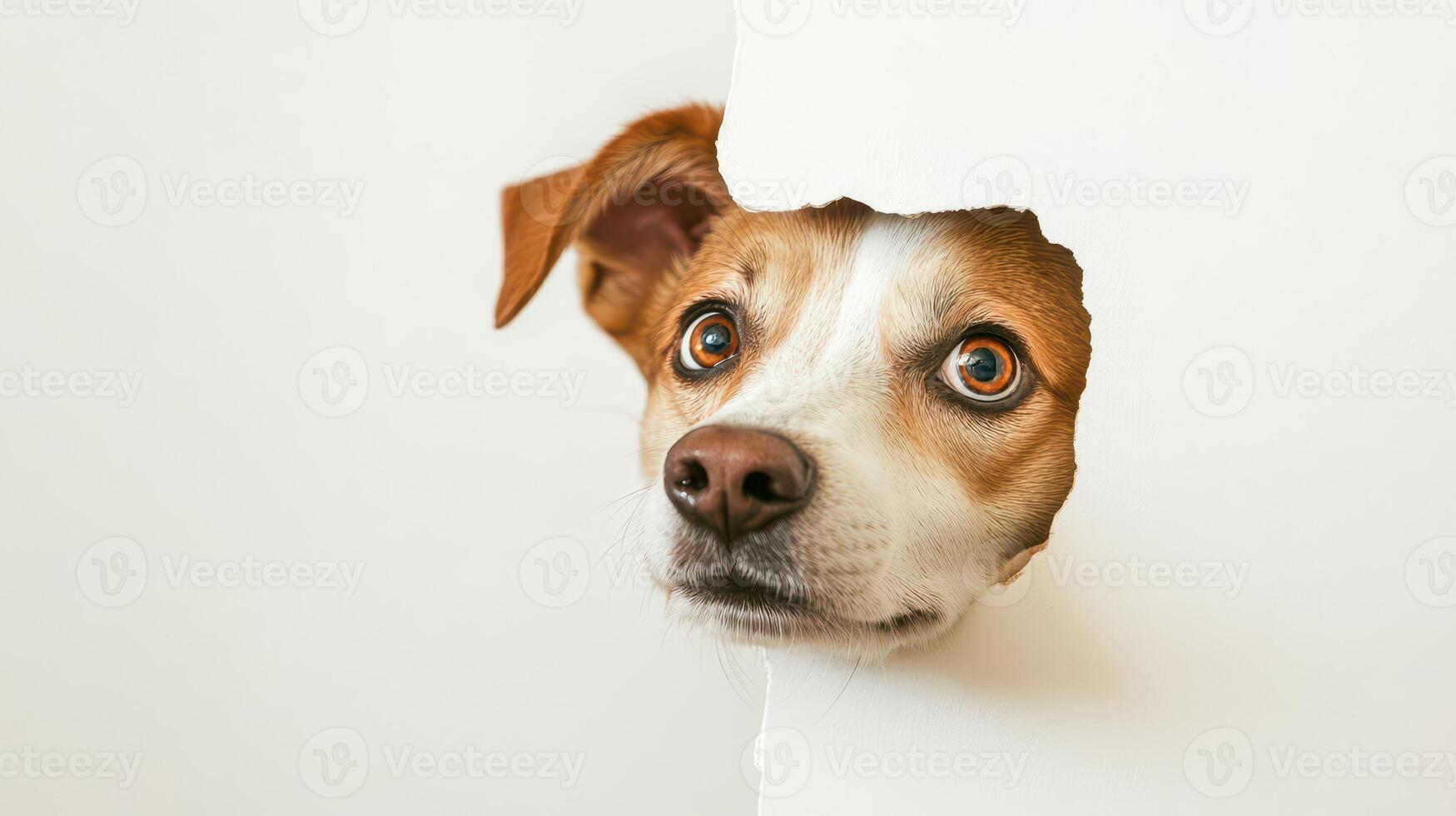 A dog peeks out from behind a hole in a wall photo