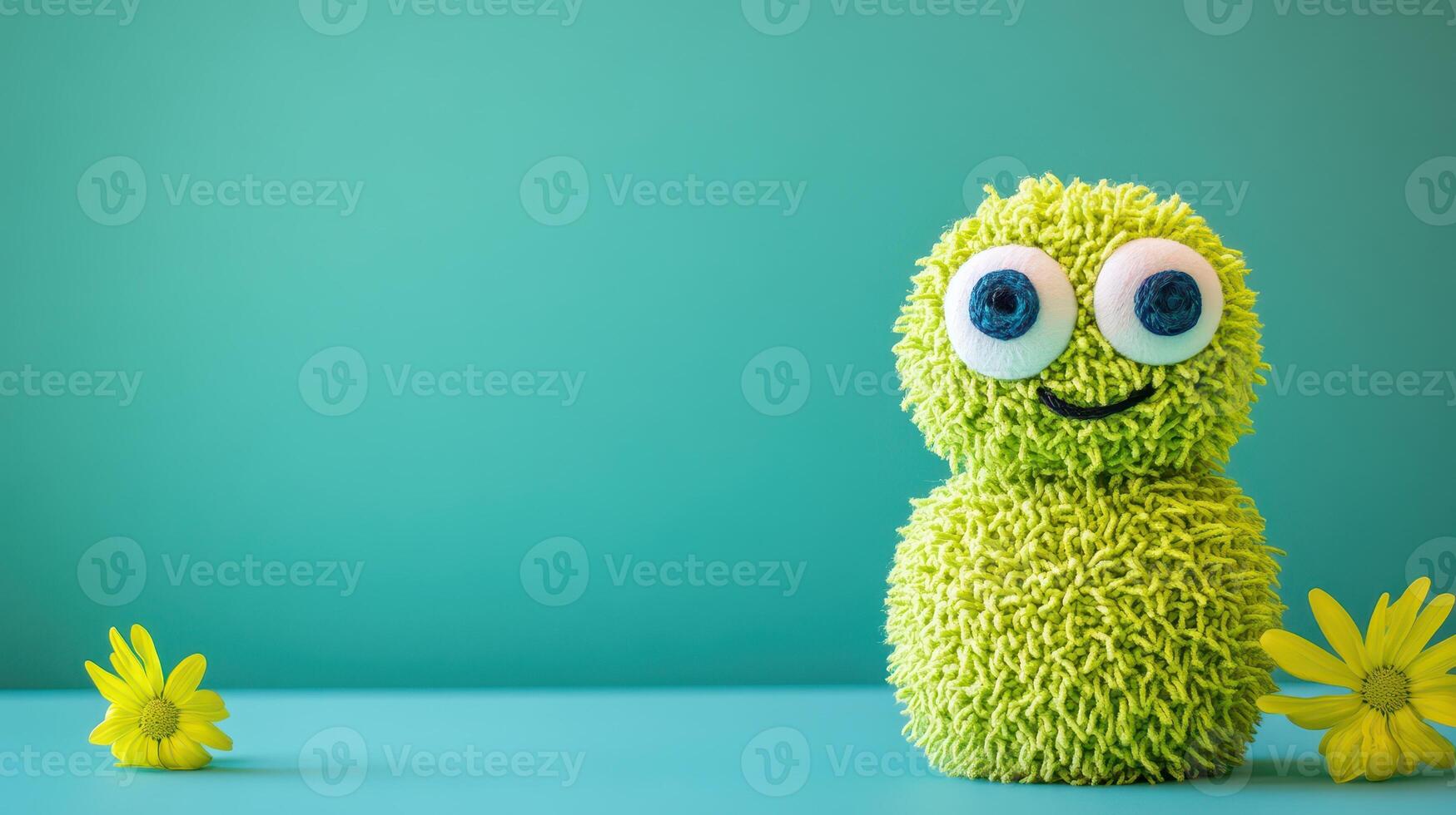 A green monster with yellow flowers on a blue background photo