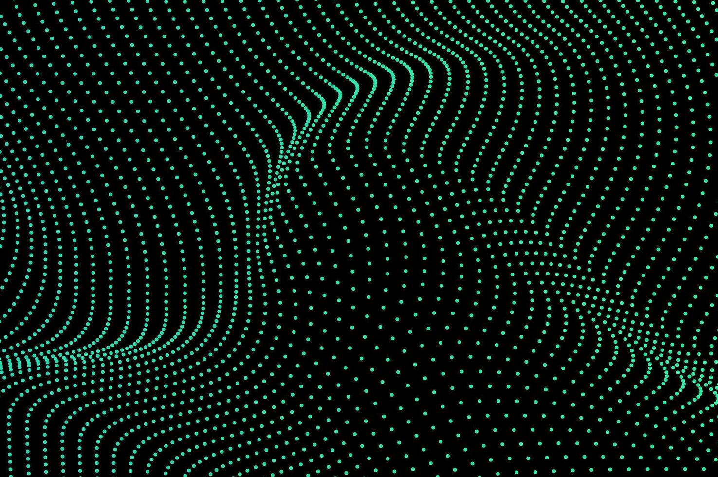 Abstract background molecule flowing dots particle wave light green isolated black background. Technology, biology, science and dynamic illustration concept. vector
