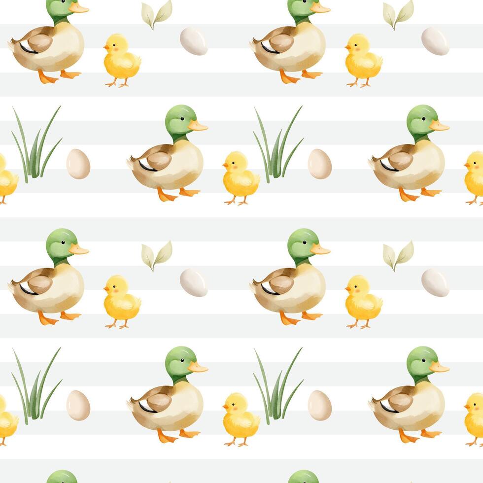 Seamless pattern with cute watercolor duck, chick and eggs. Domestic animals. Farm birds watercolor pattern. vector