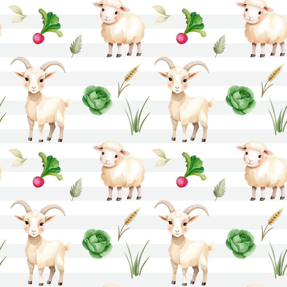 Seamless pattern with cute watercolor goat and sheep. Domestic animals. Farm animals watercolor pattern. vector