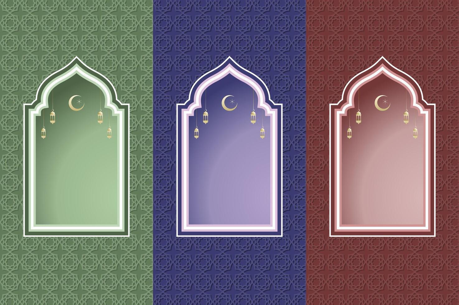 Islamic architecture window with lantern and moon, ramadan background arch arabic. Islamic ramadhan festival celebration template with copy space. vector