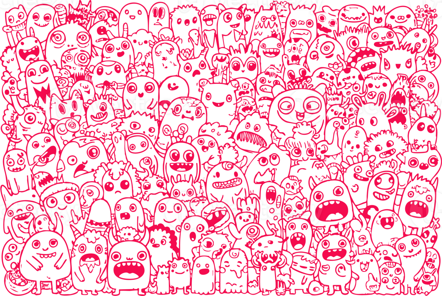 Cartoon Monster Crowd Illustration Red Line Art Character Doodle Design png