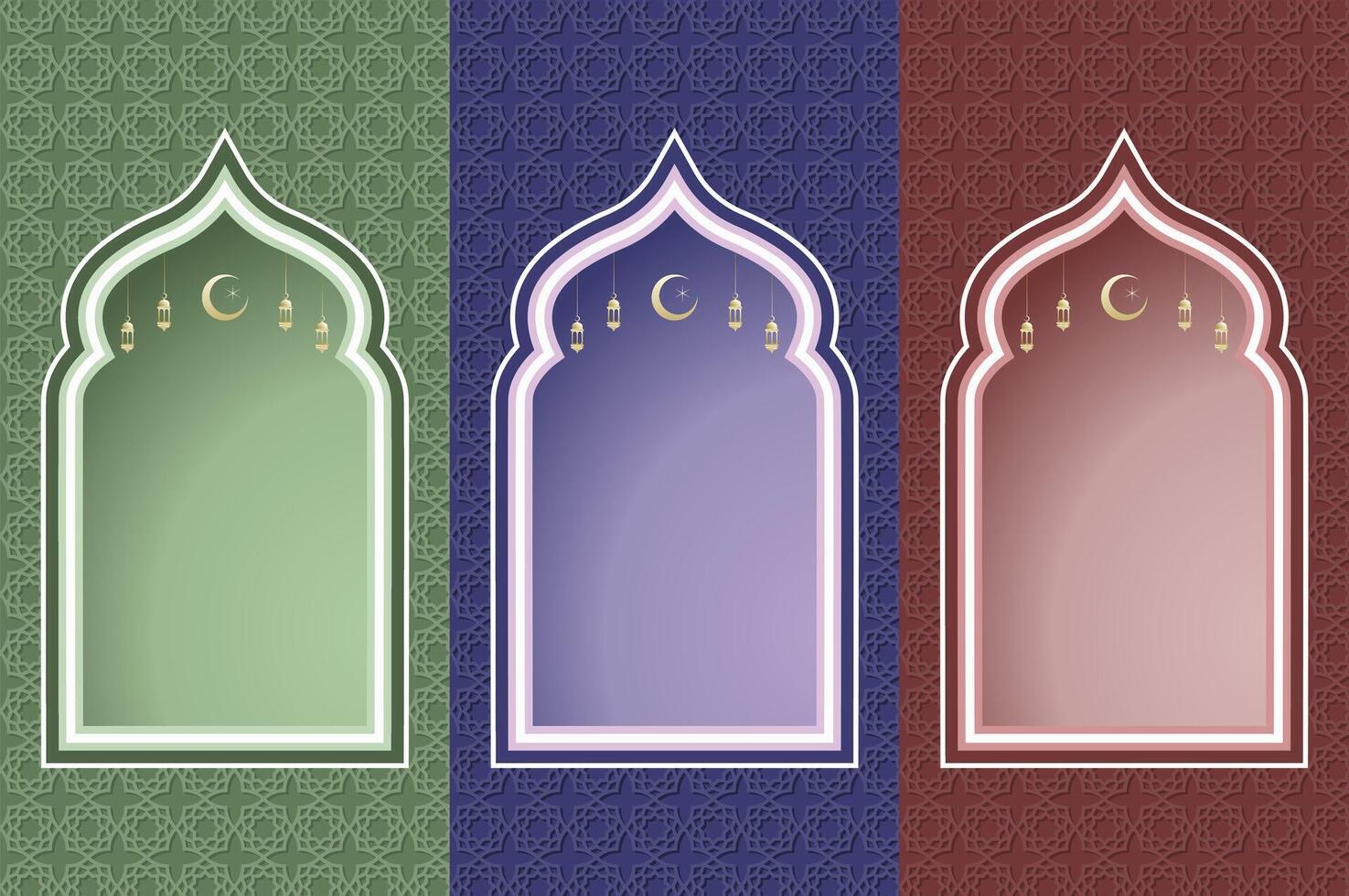 Islamic architecture window with lantern and moon, ramadan background arch arabic. Islamic celebration ramadan template with copy space. vector