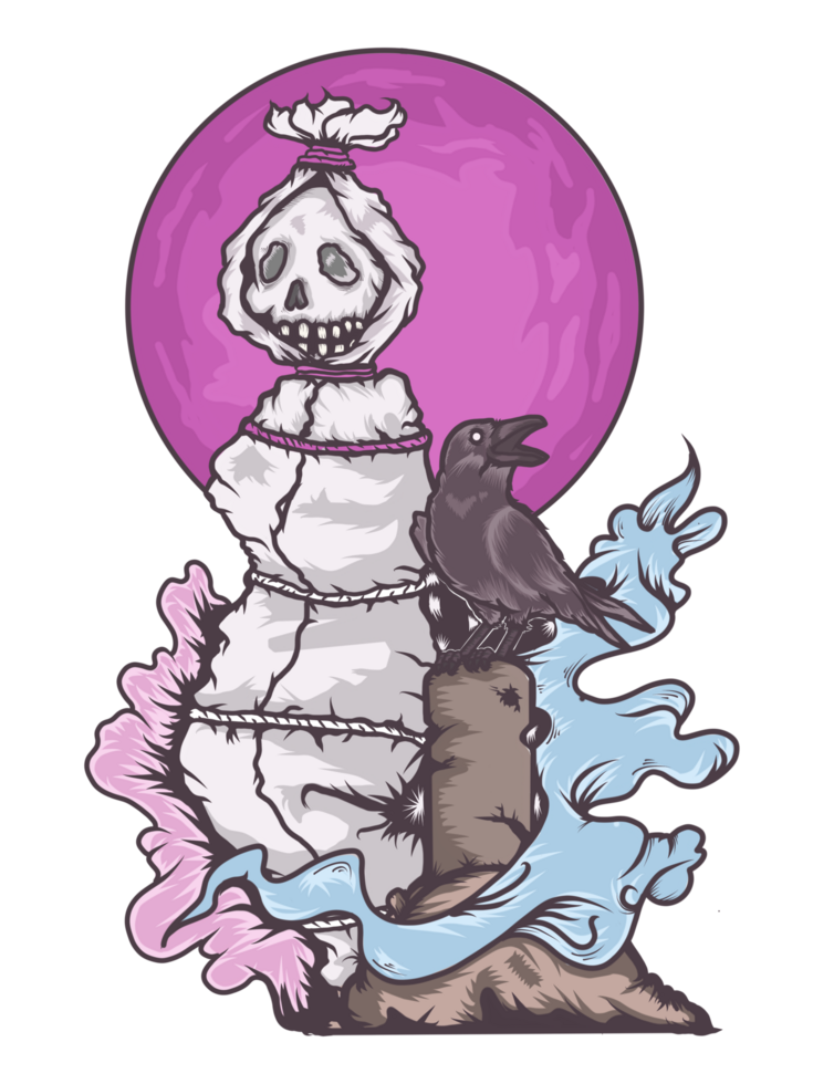 A cartoon skeleton with a crow on top of a rock png