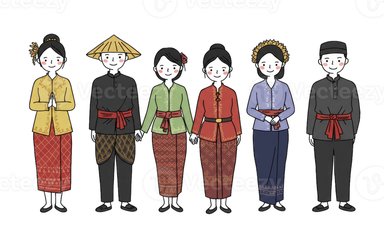 Cartoon Depiction of People Wearing Traditional Indonesian Clothing in Variety png