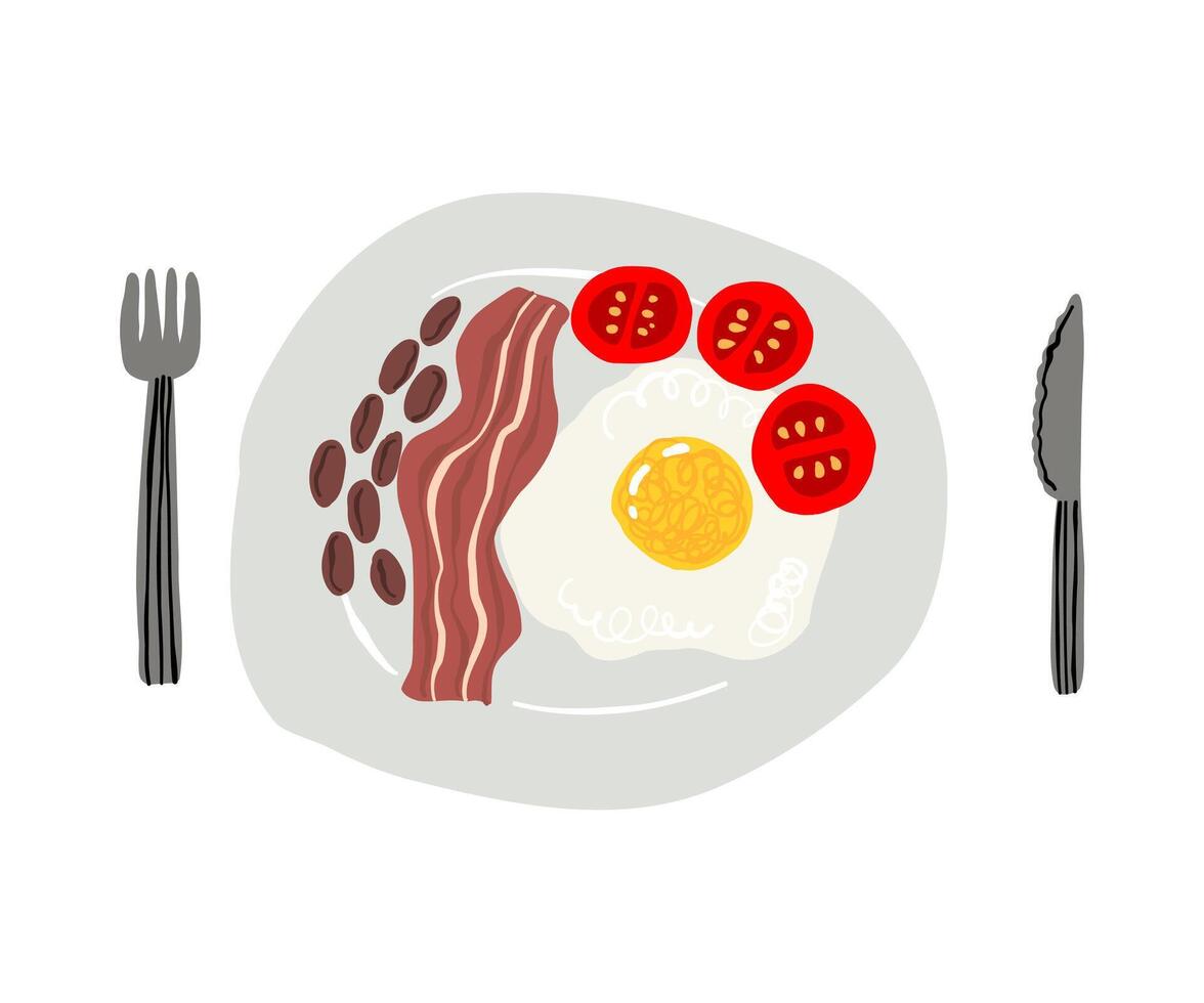A cute hand-drawn illustration of a traditional English breakfast in a flat style. Includes fried eggs, bacon, tomatoes, and baked beans with a cozy, minimalistic design. London, food, breakfast. vector