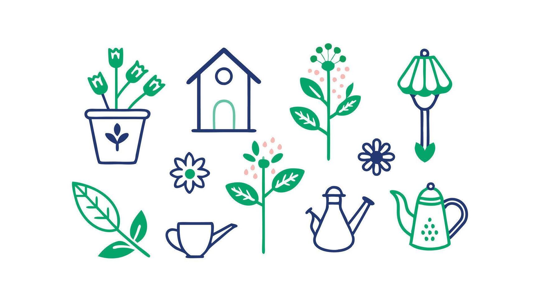 Charming Garden Illustration Flowers, Plants, Pots, Birdhouse, Watering Cans vector