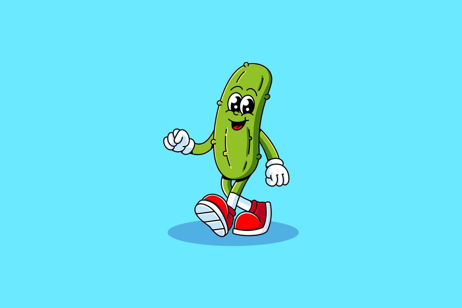pickles cucumber vegetables retro cartoon character mascot illustration with walking pose and showing a cheerful face for restaurant, mart, food court, garden mascots and merchandise vector