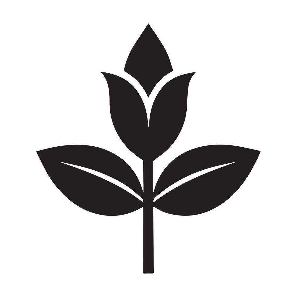 Simple black and white silhouette of a tulip flower and leaves. vector