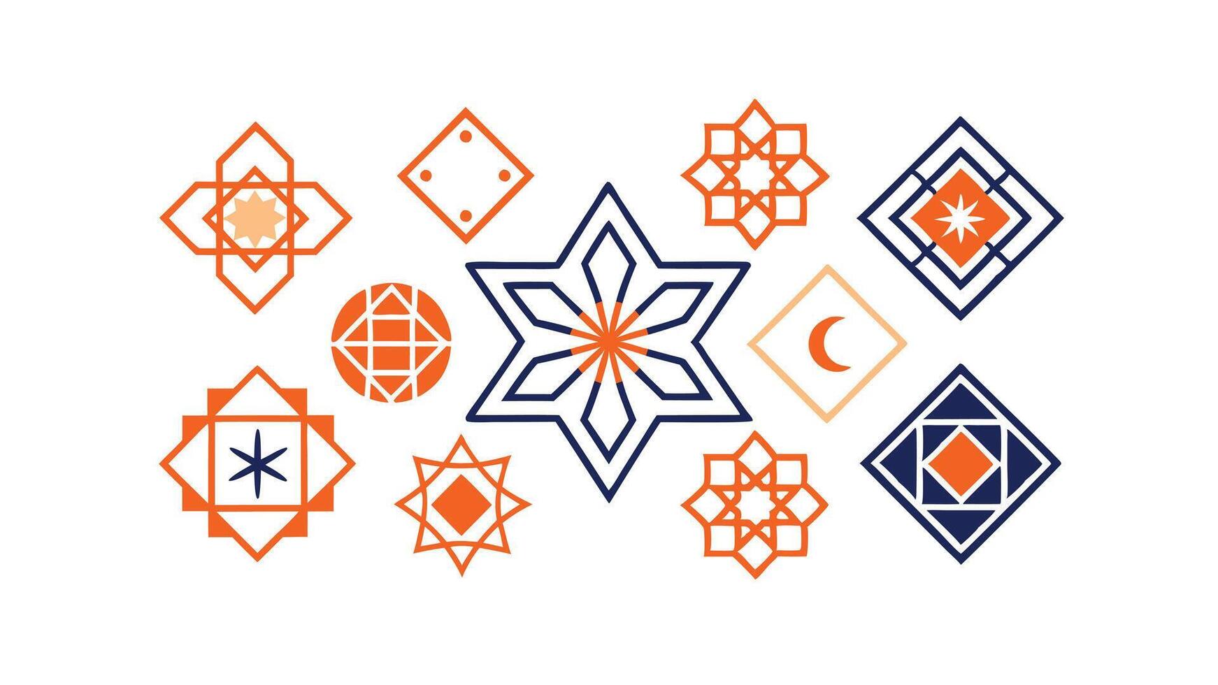 Islamic Geometric Patterns Orange, Blue, Star, Crescent, Ramadan vector