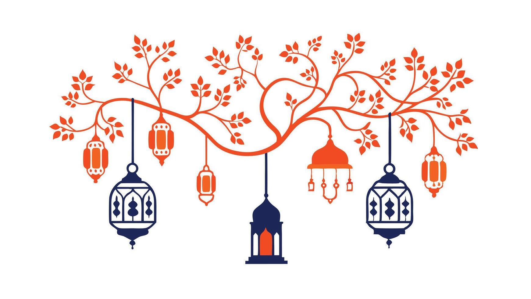 Ramadan Kareem Festive Orange and Blue Lanterns Hanging from Tree vector