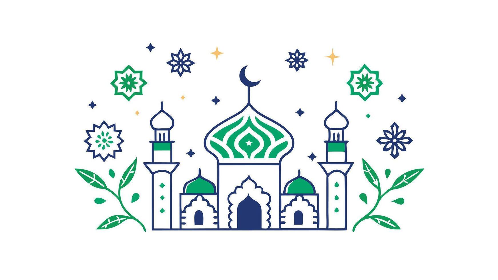 Islamic Mosque Illustration Green Domes, Minarets, Floral Design vector