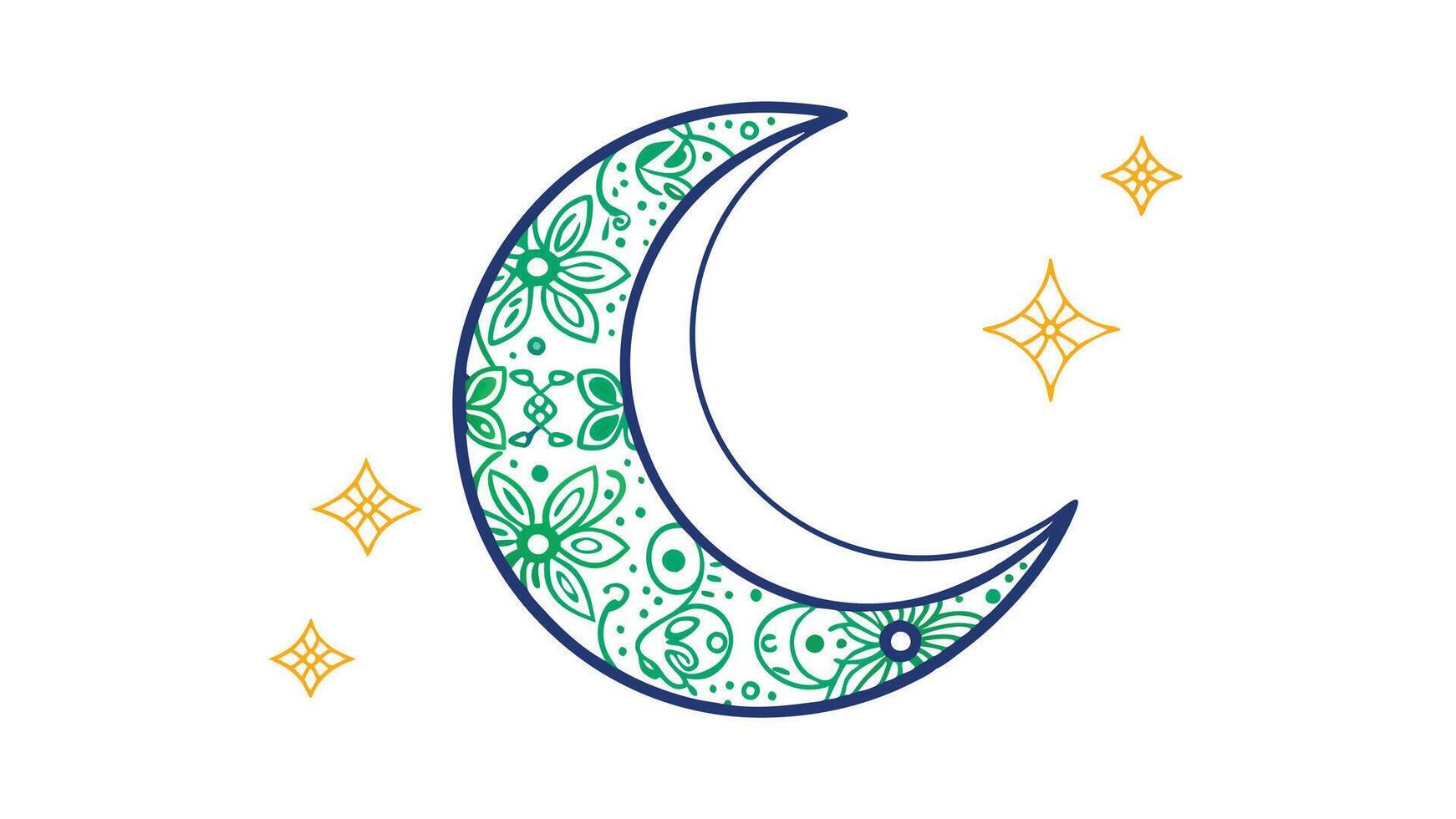 Ornate Crescent Moon, Celestial Design, Night Sky, Stars, Green, Blue, Floral, Mandala, Mystical, Ar vector
