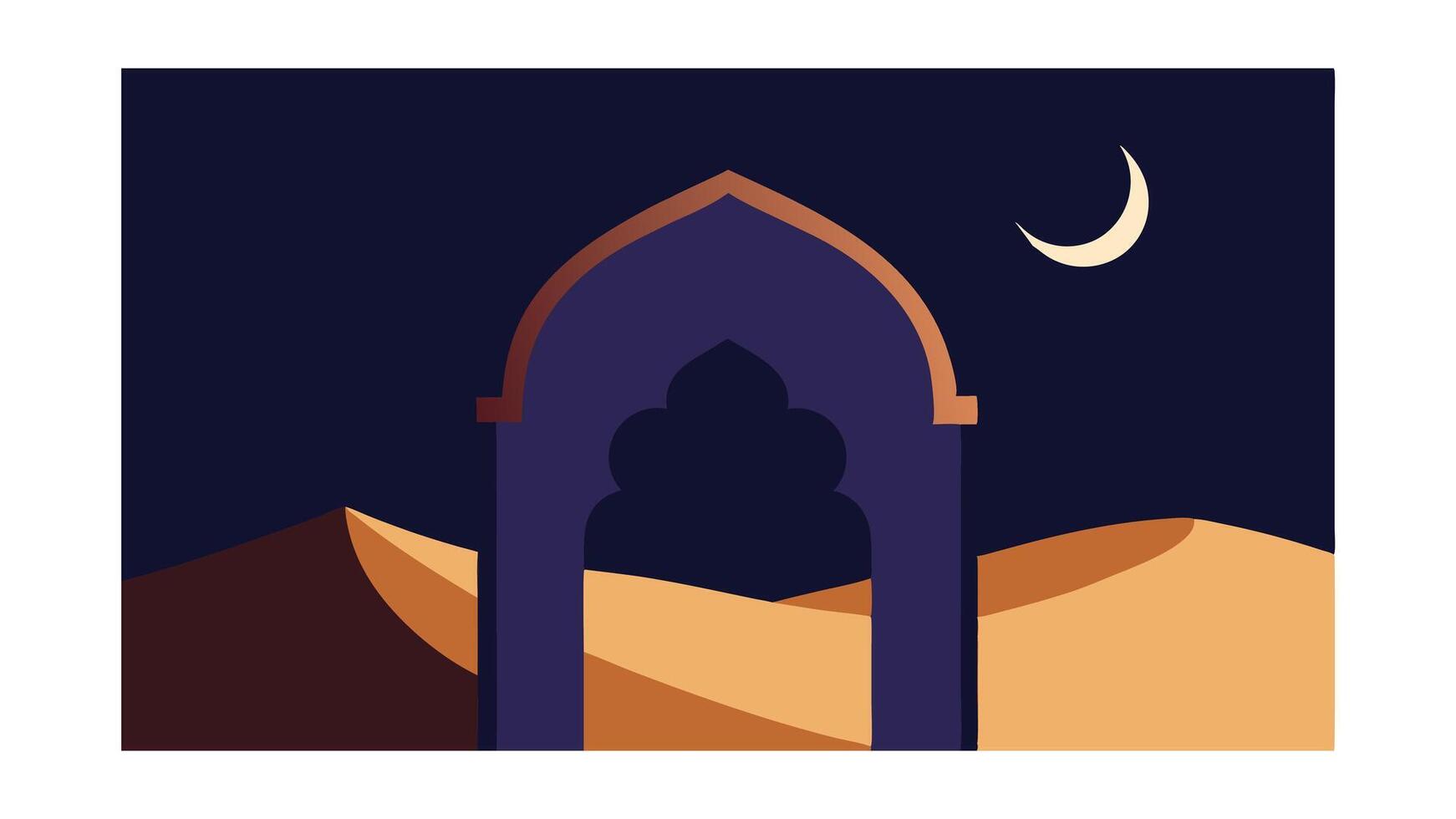 Nighttime Desert Archway Crescent Moon, Sand Dunes, Islamic Architecture vector
