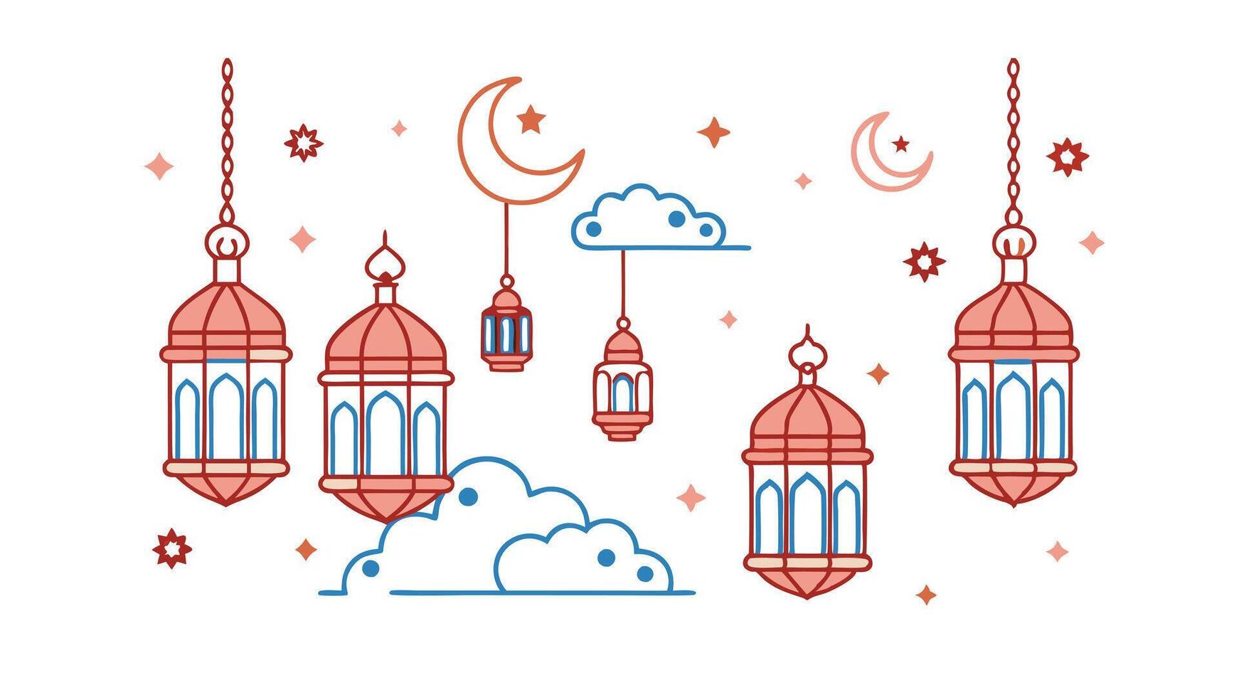 Ramadan Kareem Festive Lanterns, Moons, Stars, and Clouds vector