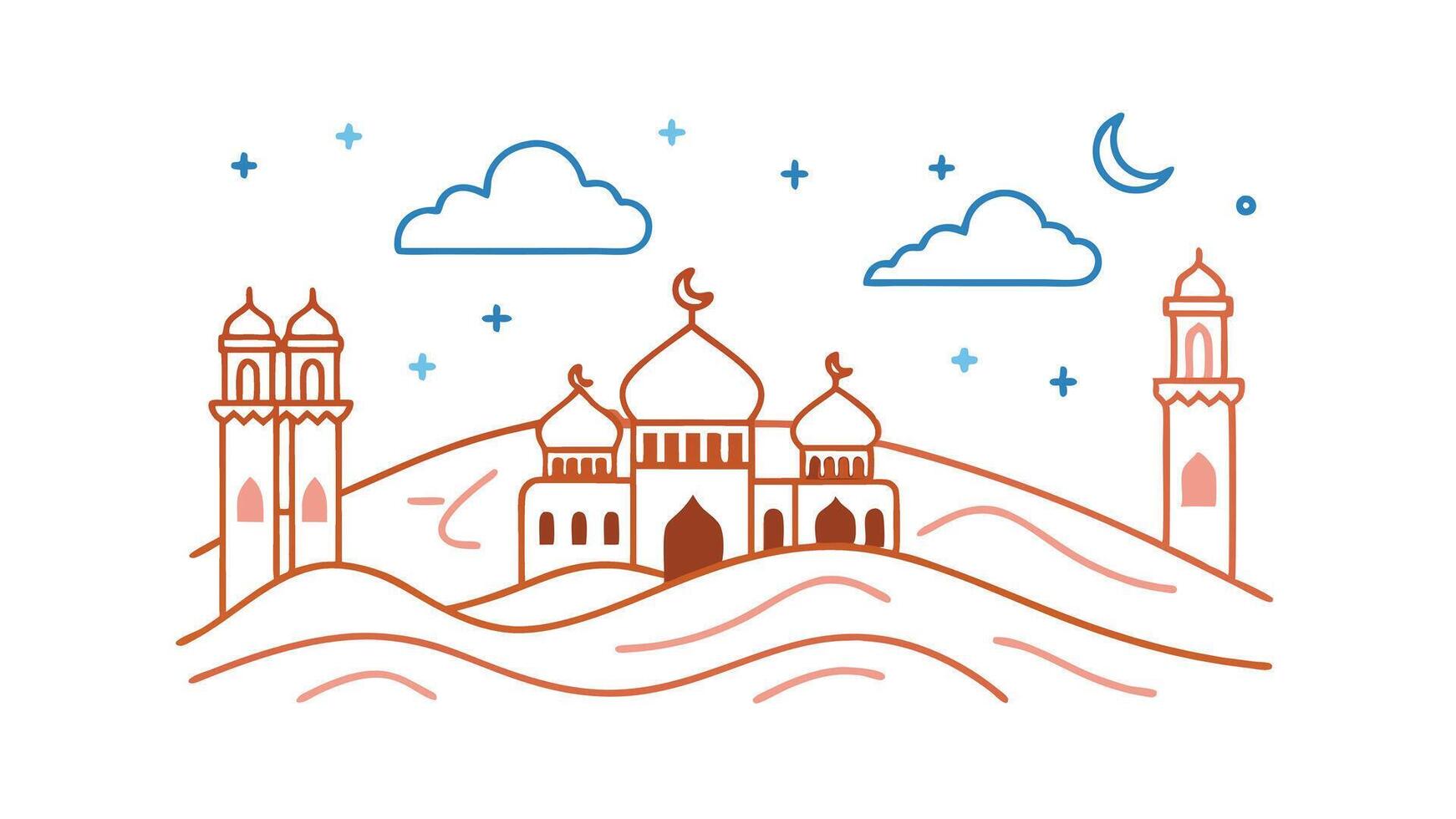 Nighttime Mosque Scene Desert Landscape, Crescent Moon, Stars vector