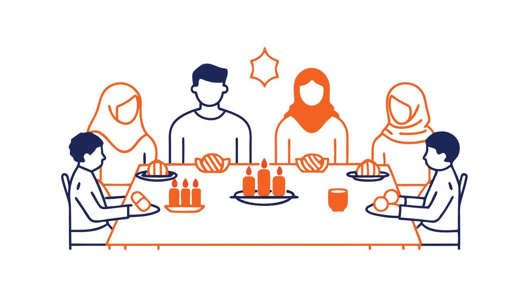 Muslim Family Dinner Festive Iftar Table Setting with Candles vector