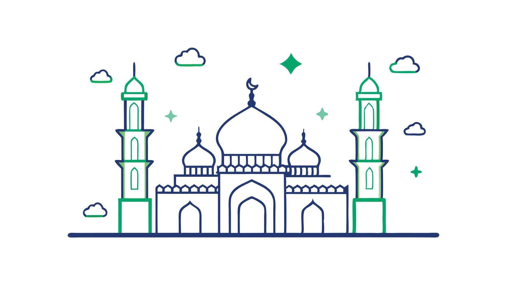 Islamic Mosque Architecture Line Art, Minaret, Dome, Clouds vector