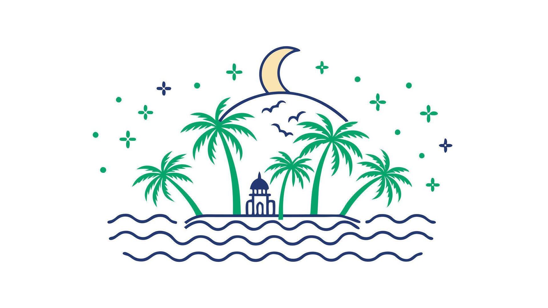 Tropical Island Mosque Night Scene Palms, Crescent Moon, Ocean Waves vector