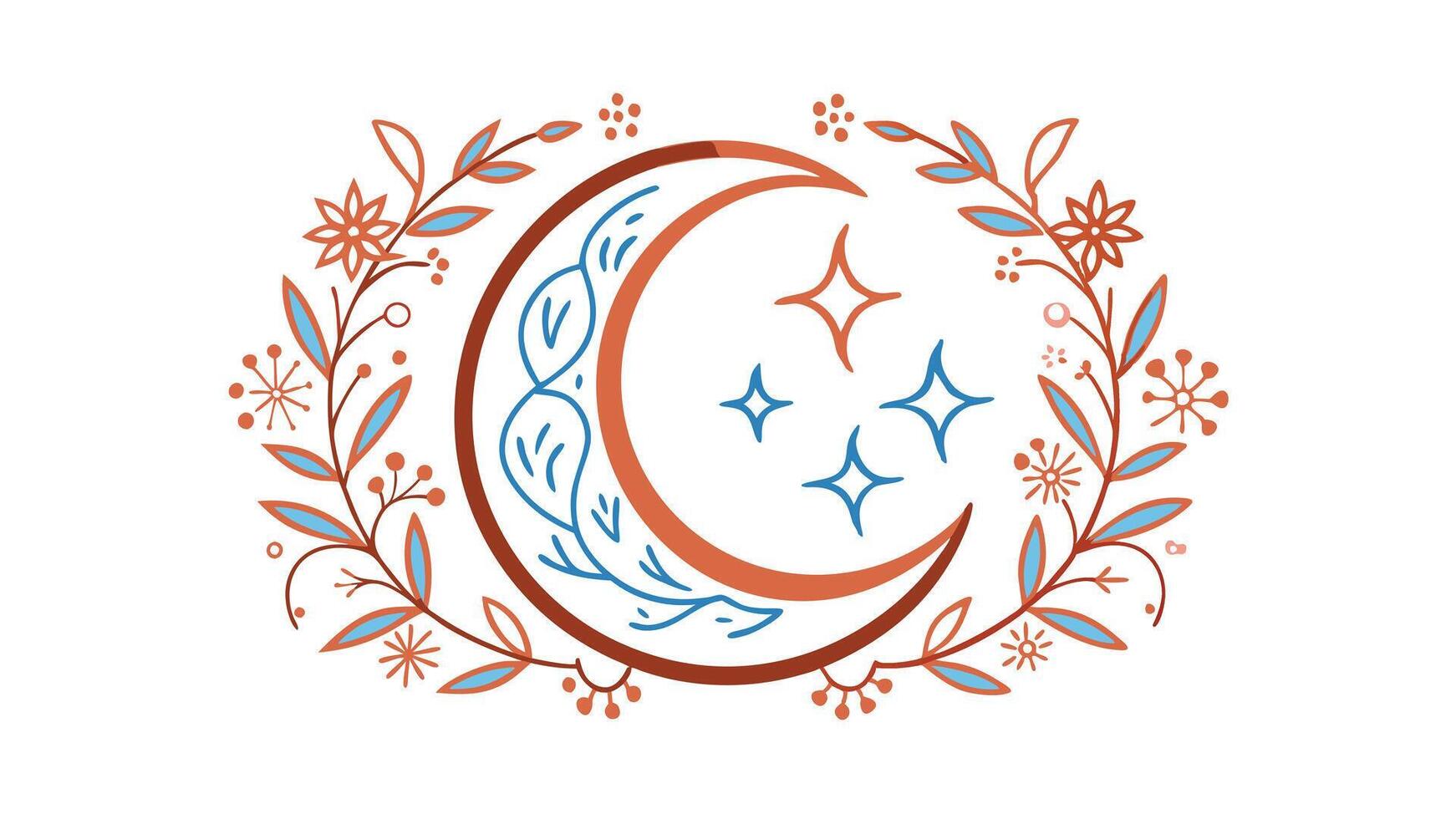 Crescent Moon, Stars, Floral Wreath, Botanical, Nature, Design, Art, Illustration, Elegant, Pattern vector