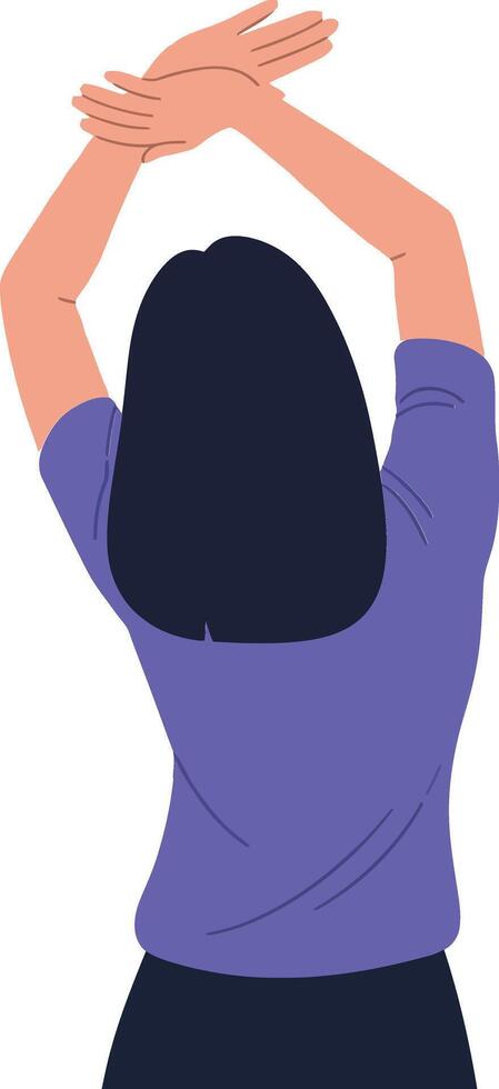 A young woman stretching her arms overhead in a relaxed pose wearing a purple shirt, showcasing a flat design style in art vector
