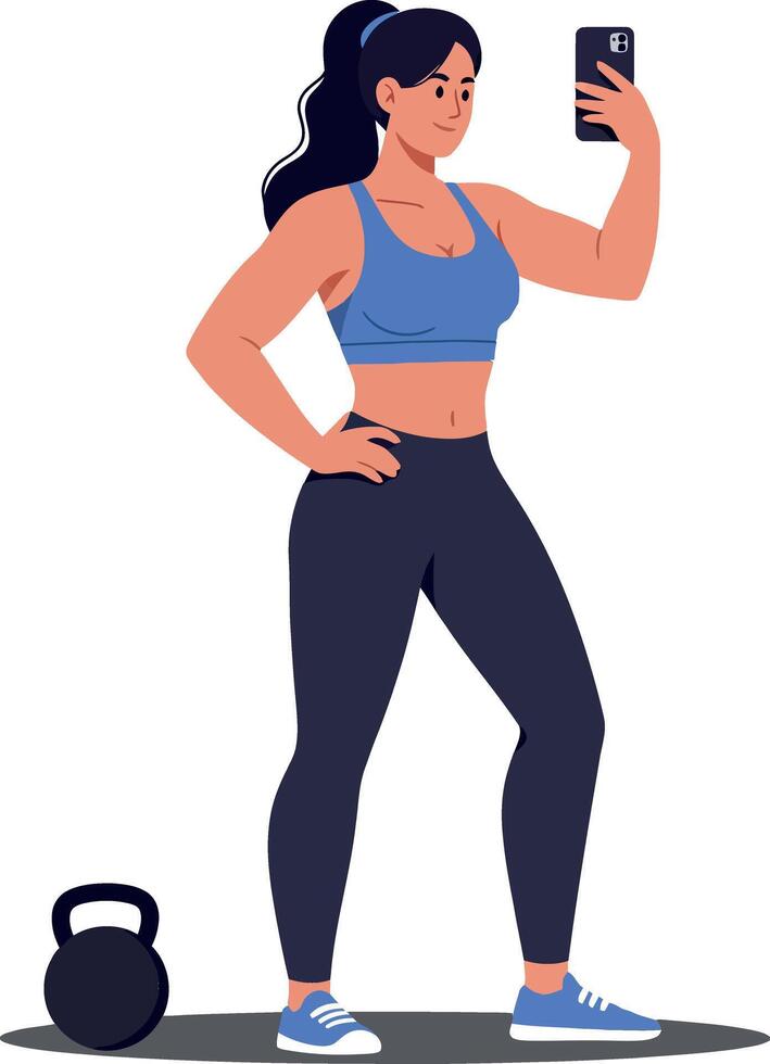 A fit woman taking a selfie in workout attire while posing confidently beside a kettlebell in a flat illustration vector