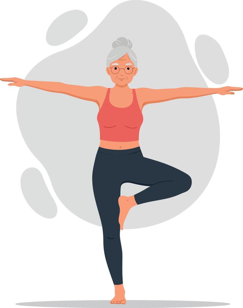 Elderly woman practicing yoga in a graceful tree pose with a flat design, promoting health and balance in art vector
