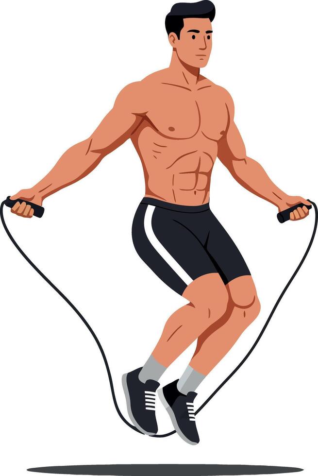 A muscular man jumping rope in a dynamic pose showcasing athleticism in a flat design style, emphasizing fitness and energy in art vector