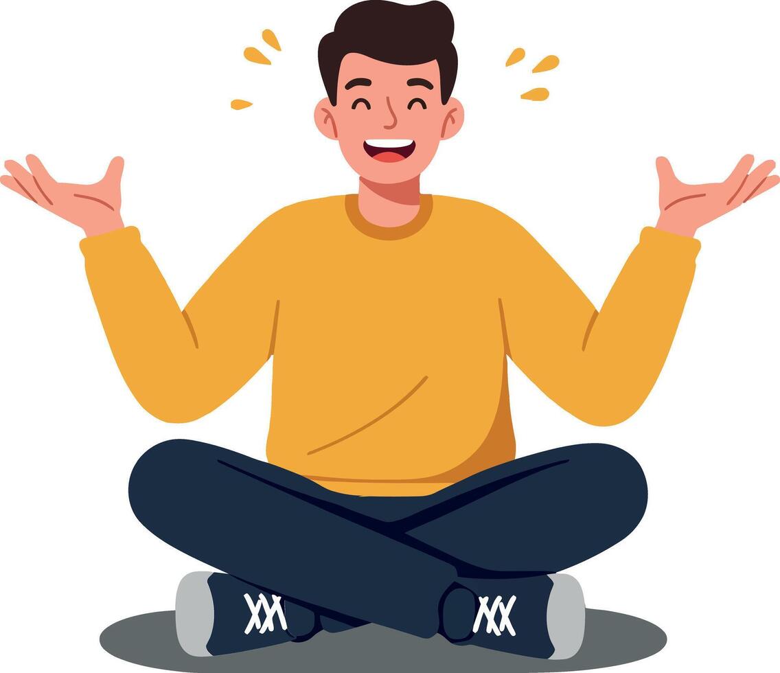 Cheerful young man sitting cross-legged in a relaxed pose wearing a yellow sweater and smiling, minimalistic illustration vector