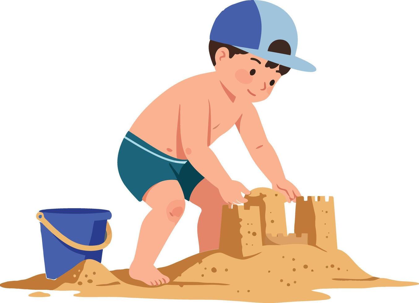 Young boy building a sandcastle on a sunny beach with a blue bucket in flat illustration vector