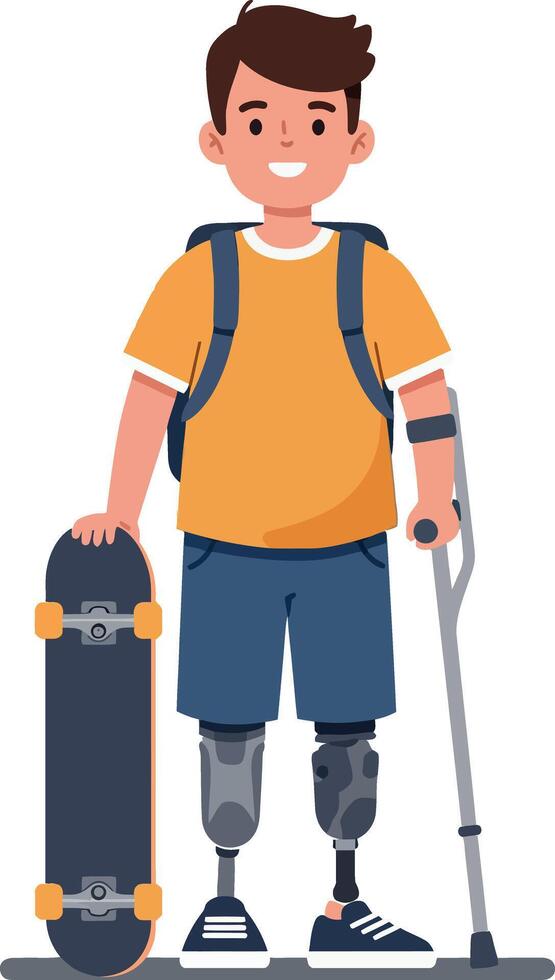 Young boy with prosthetic legs holding skateboard and crutches in a cheerful flat illustration showcasing resilience and determination in sports and leisure activities vector