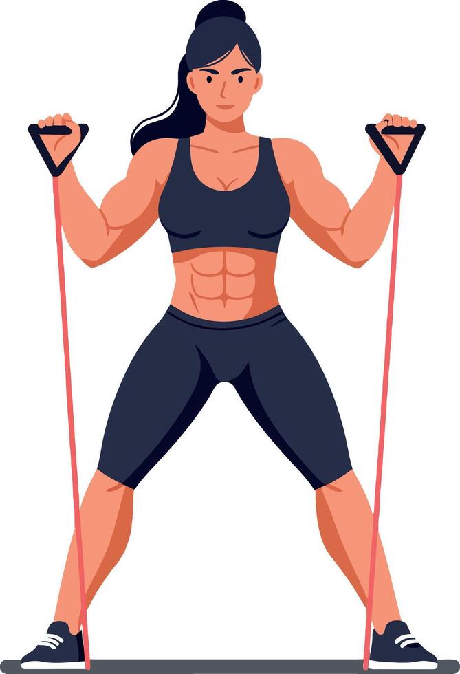Strong woman exercising with resistance bands in a flat design style showcasing determination and fitness in vibrant art vector