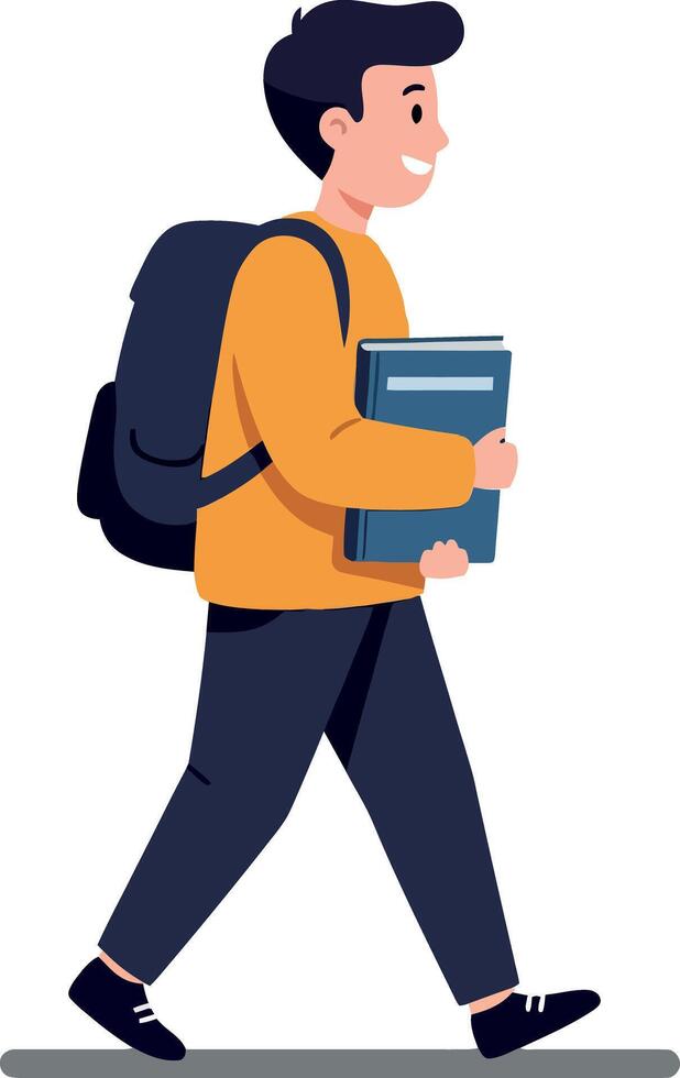 Young man with backpack walking cheerfully holding books in a flat, minimal design art vector