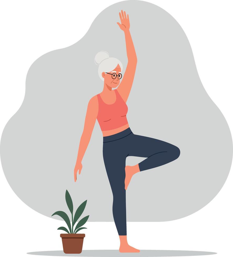 Elderly woman practicing yoga in a serene indoor setting with a potted plant, showcasing a flat design style in vibrant art vector