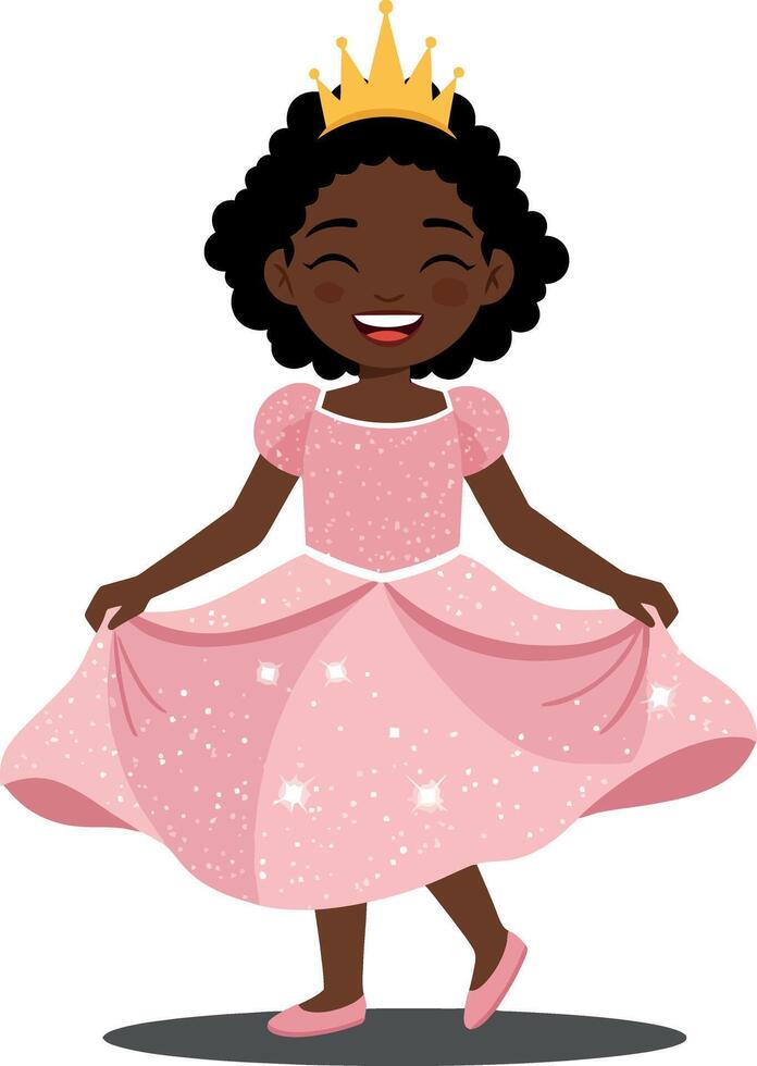 A joyful young girl wearing a sparkling pink dress and crown, dancing playfully in a whimsical flat illustration vector