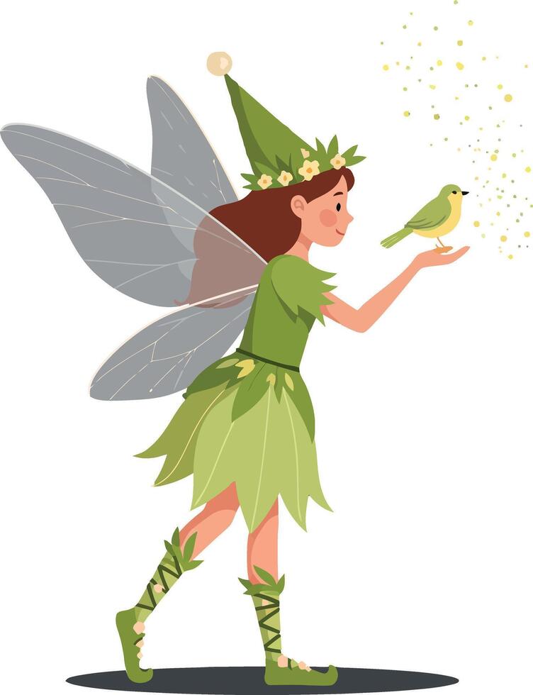 Enchanting fairy character in a whimsical forest wearing green attire with delicate wings engaging with a small yellow bird in flat art vector