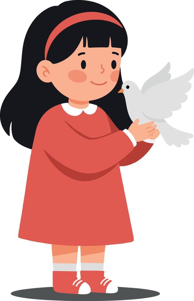 A cheerful girl in a red dress gently holds a white dove, showcasing a minimal and playful style in this art vector