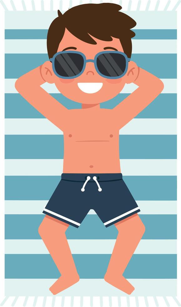 Happy boy relaxing on a beach towel in stylish sunglasses, enjoying a sunny day, minimal illustration vector