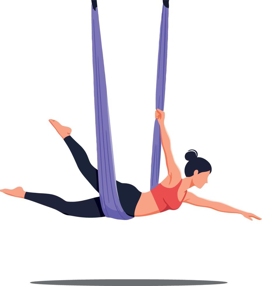 A woman performing aerial silks in a vibrant red top and black leggings, showcasing strength and grace in a flat illustration vector
