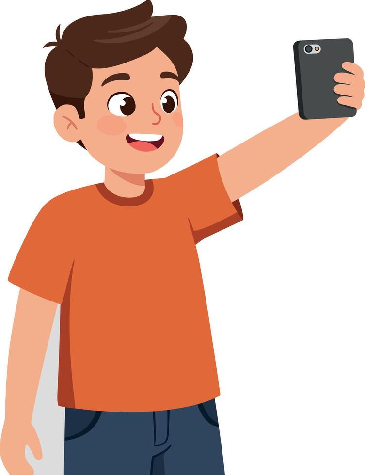 Happy boy taking a selfie with a smartphone in a cheerful, minimal style illustration vector