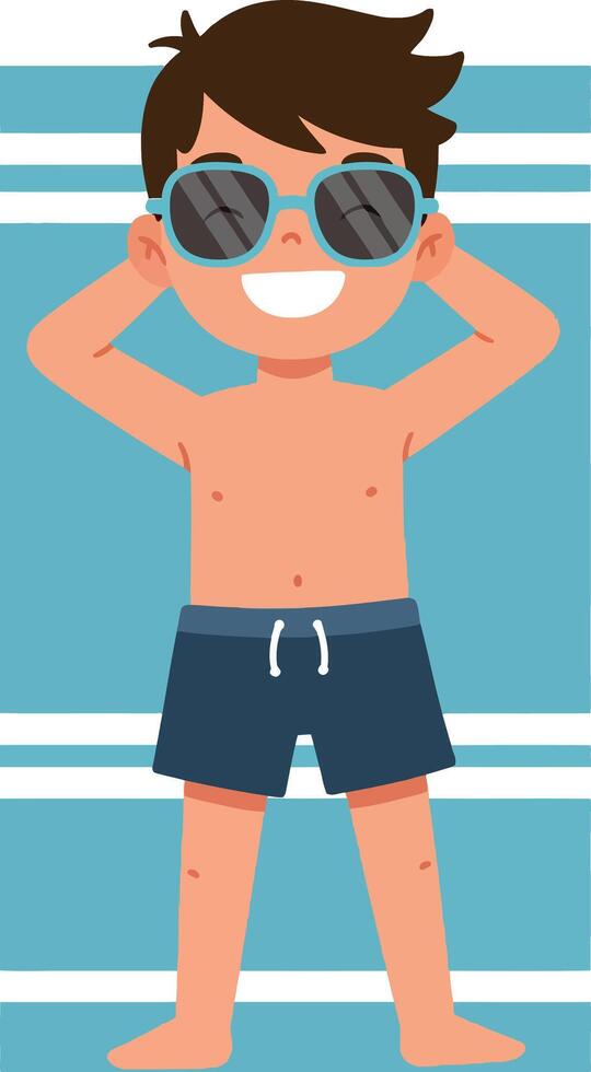 Cheerful young boy wearing sunglasses relaxing on a beach towel in a flat illustration of summer fun and leisure vector
