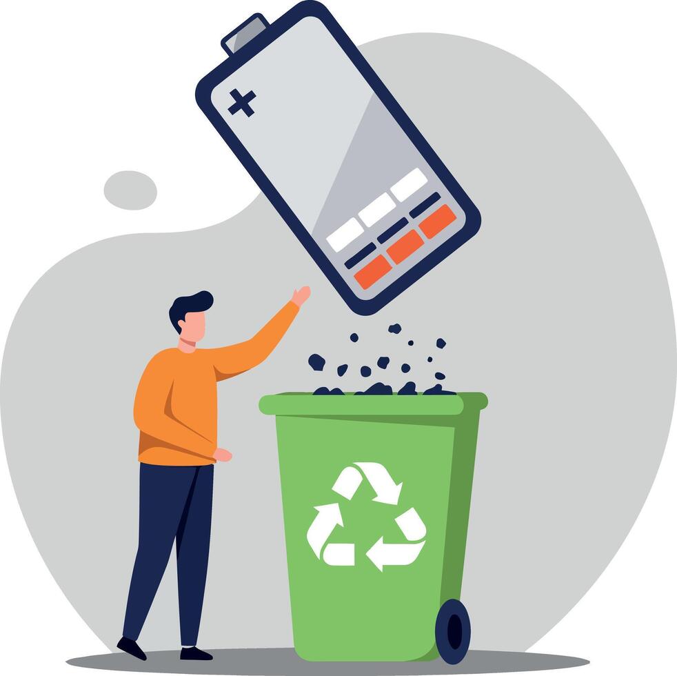 A man in an orange shirt discarding a used battery into a green recycling bin with a recycling symbol, flat illustration highlighting environmental responsibility and sustainability vector