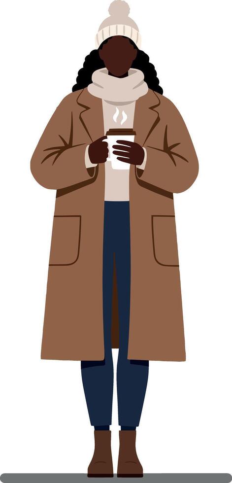 Woman in a cozy brown coat and knitted hat holding a steaming cup of coffee in a minimal illustration vector