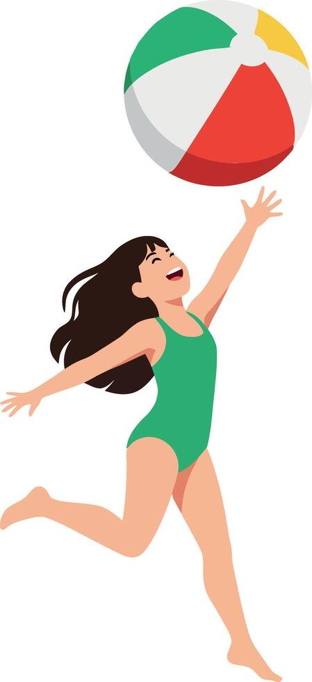 Young girl in a green swimsuit joyfully reaching for a colorful beach ball in a flat design illustration vector