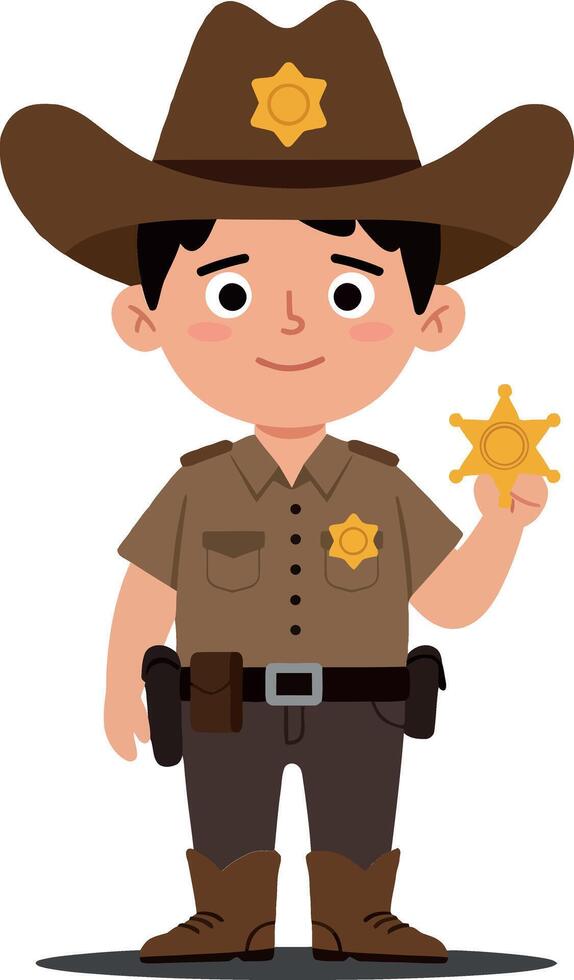 Cartoon sheriff character wearing a brown hat and uniform holding a gold badge in a flat illustration style vector
