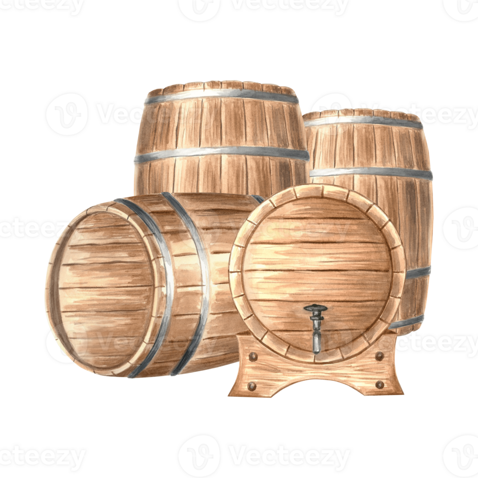 Wooden barrels, casks for rum. Keg for wine, whiskey or beer, with iron hoops. Hand drawn watercolor illustration isolated. Oak containers for alcoholic drink. Clipart for food industry design, print. png