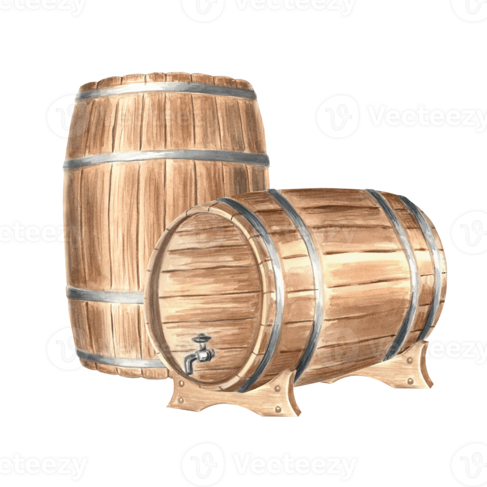 Wooden barrels, casks for rum. Keg for wine, whiskey or beer. Hand drawn watercolor illustration. Oak containers for alcoholic drink. Clipart for food industry design, print. png