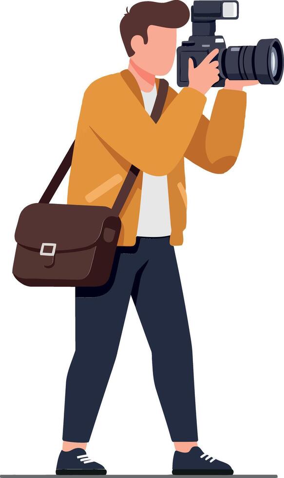 Young man in a stylish jacket capturing moments with a camera in a flat illustration showcasing urban photography lifestyle vector